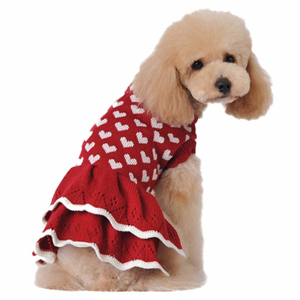 Golden Apple Jul Pet Sweater Love Heart Rød nederdel Vinter varmt strik tøj til hunde katte Ferie nytårskjole (S) S