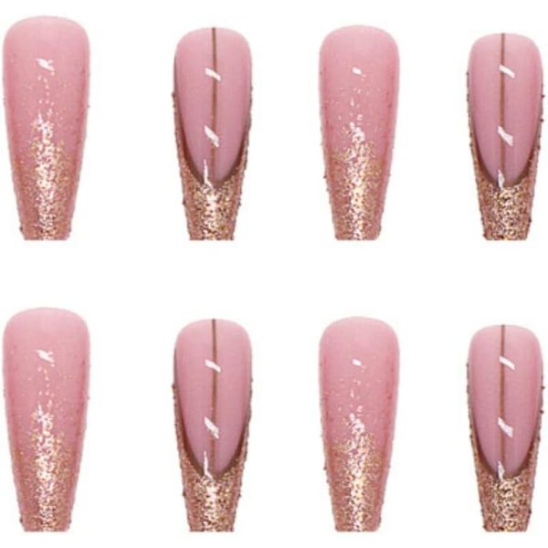 24 st Glitter Falska Naglar Långa, Guld Fransk Press på Naglar Mönster, Vackra Rosa Ballerina Klistra på Naglar för Kvinnor, Akryl Kista Falska Naglar Långa