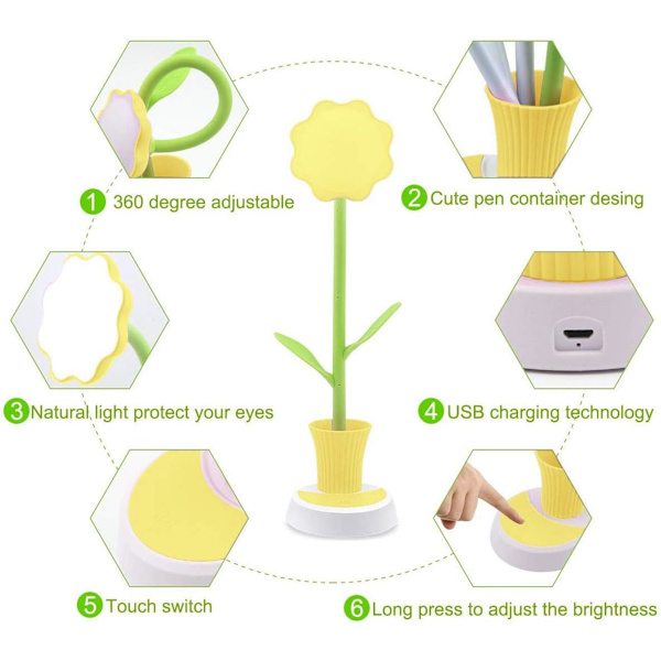 Børne skrivebordslampe, kreativ LED genopladelig skrivebordslampe øjenbeskyttelse touch sensor bordlampe dæmpbar sengebordslampe med penneholder Yellow