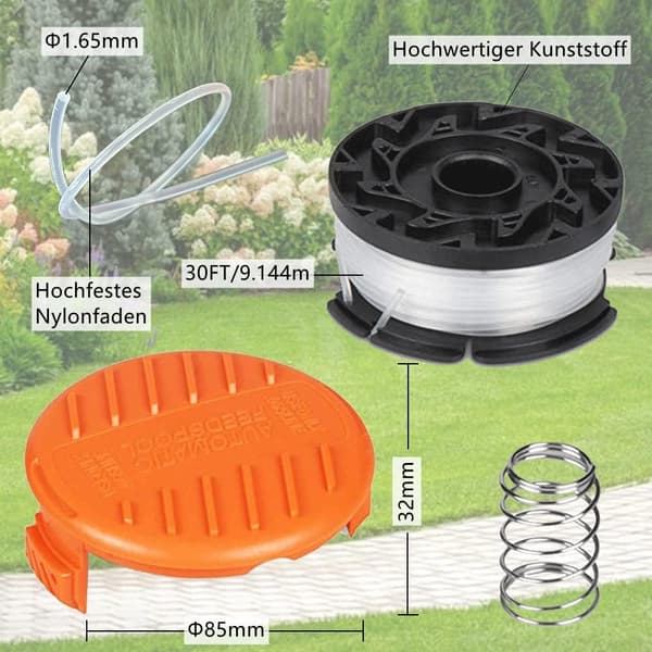 Pakke med snørespoler for gresstrimmer, kompatibel med Black and Decker gresstrimmer, snørespole for buskrydder (6 snørespoler, 2 deksler, 2 fjærer)
