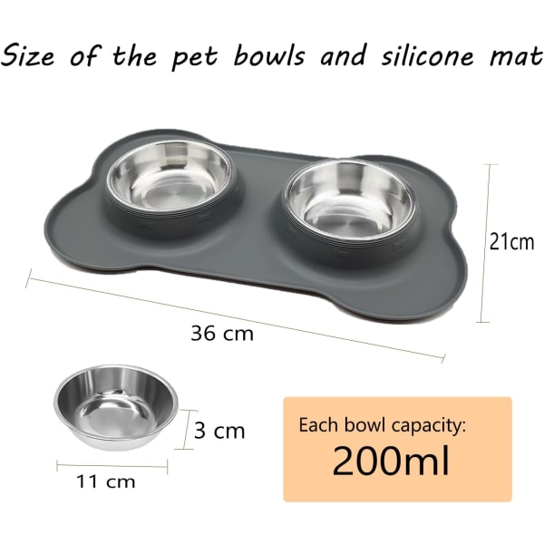 Kattskål Valpskål Halkfri dubbelskål i rostfritt stål med silikonmattor som inte spills av för katter Valpar Mat Vattenmatning (36*21*3,4 cm, grå) Gray