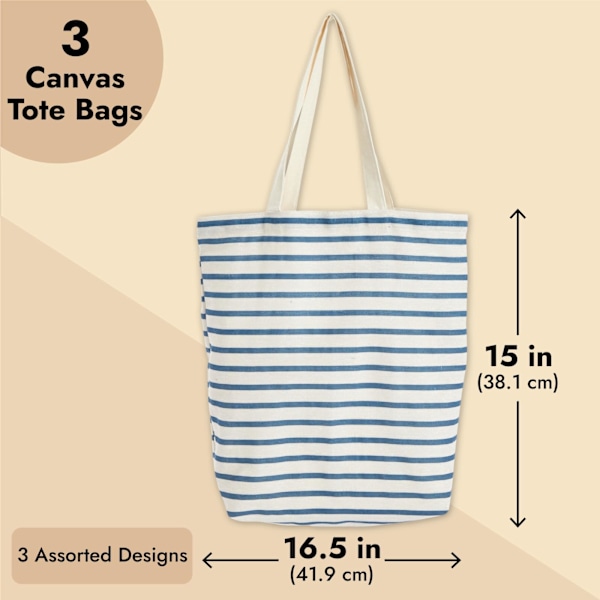 Bomuldsindkøbsposer (sæt med 3) - Robuste Tote Bags med håndtag - 3 forskellige designs - Stofposer til indkøb, transport
