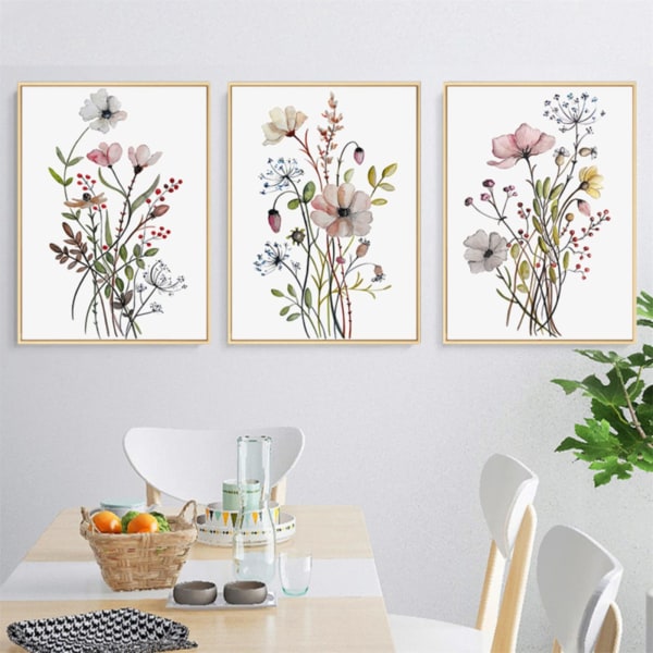 Set med 3 vintage affischer, akvarell blommor växtbilder, utan ram canvas väggbilder, konstaffischer för sovrum kontor väggdekoration 30*40cm