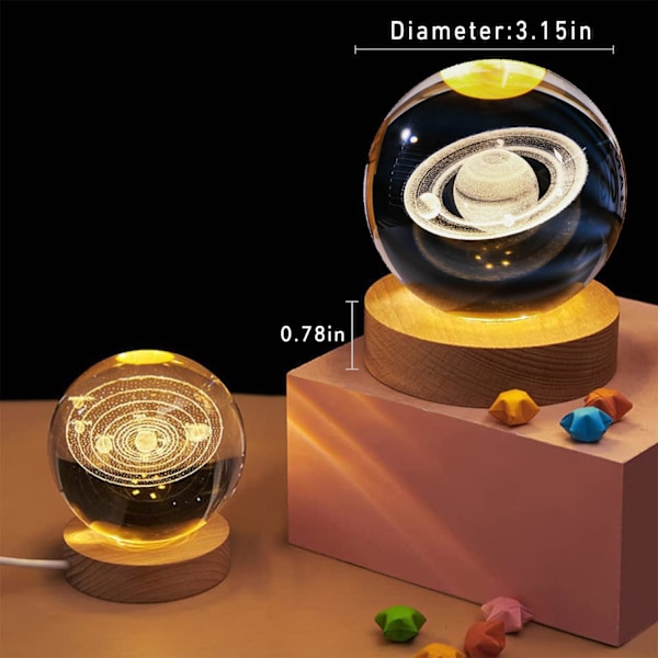 3D Saturn Planet Krystallkule Nattlys Lampe, Space Galaxy Krystallkule med Tretrebase, 3D Gravert Solsystem Krystallkule med LED Lysbase saturn