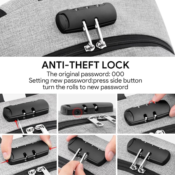 Antistöld ryggsäck för bärbar dator, 15,6-17,3 tum med USB-laddningsport och lås, vattenavvisande reseryggsäck datorväska för kvinnor män, grå Gray