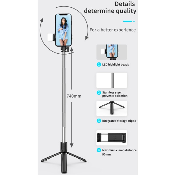 Selfie Stick-stativ med lys, forlengbart 360° rotasjonsstativ med avtakbar trådløs fjernkontroll Bærbar 3-i-1 telefonholder (svart)