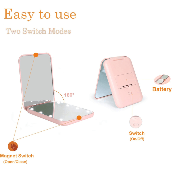 Taskukokoinen peili, 1x/2x suurentava LED-meikkikompaktipeili valolla, 2-puolinen, kannettava, taitettava, pieni valaistu peili lahjaksi, musta Pink