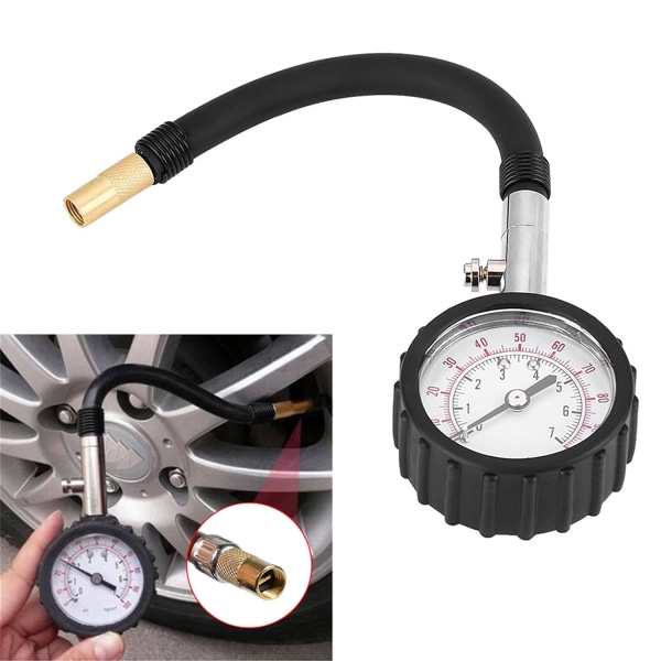 Tire Pressure Tester with Flexible Air Hose for Car, Bike and Motorcycle, Automotive Tire Measuring Tool, Light Weight, Black