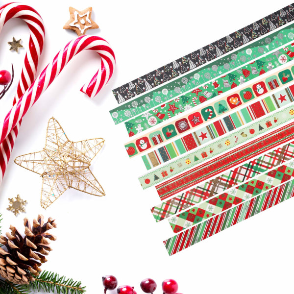 Christmas Washi Tape Sæt 12 ruller Guld Sølv Folie Masking Tape Pakke Farverige dekorative tynde tape Juleferie Kunst Craft Tape DIY (1,5 cm X 5 m)