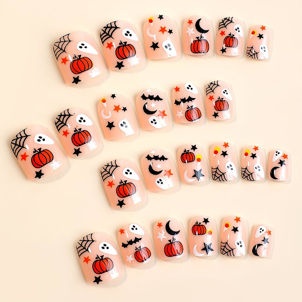 24 kpl Halloween-painikkeet lyhyet neliömäiset keinotekoiset kynnet Kuu Tähti Kurpitsa ja Haamu Design Akryyli Täyspeite Vääriä Kynsiä
