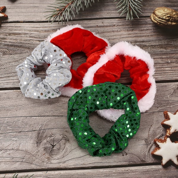 4 kpl Christmas Hair Scrunchies, Vihreät Silver Xmas Sequins Hius Scrunchies Red Velvet Scrunchies, Joustavat Hiusnauhat Hiusköydet
