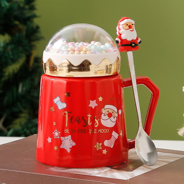 Joulukahvimuki teetä maitokuppi kannella ja kahvalla. Keraamiset teekupit Mikroaaltouunin kestävä sublimaatiokeraaminen syntymäpäivä jouluksi Red