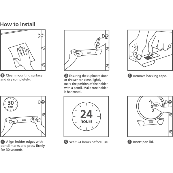 Sett med 4 gryte- og pannelokkholdere Selvklebende veggfeste, egnet for lokk opp til 24 cm