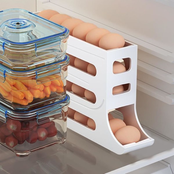 4 etasjers eggestativ for kjøleskap, automatisk eggrullestativ, 30 egg oppbevaringsstativ, eggfordeler for kjøleskap, egg oppbevaringsstativ (hvit)