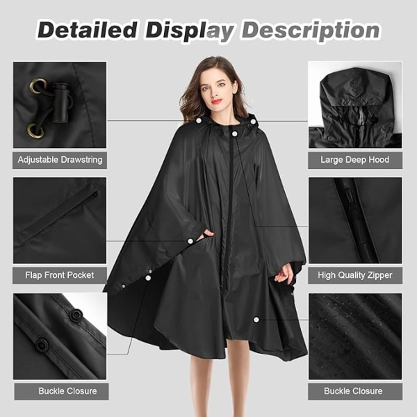 Regnfrakk for kvinner, lang regnponcho, vanntett regntøy, regnjakke, vindtett regnkappe, regnfrakk, regnbeskyttelsesklær med klafflomme black