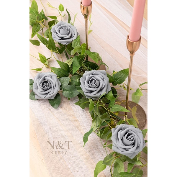 Artificial Flowers Roses, Pack of 25 Decorative Flowers Fake Roses with Stems DIY Wedding Bouquets Bridal Home Decoration Gray