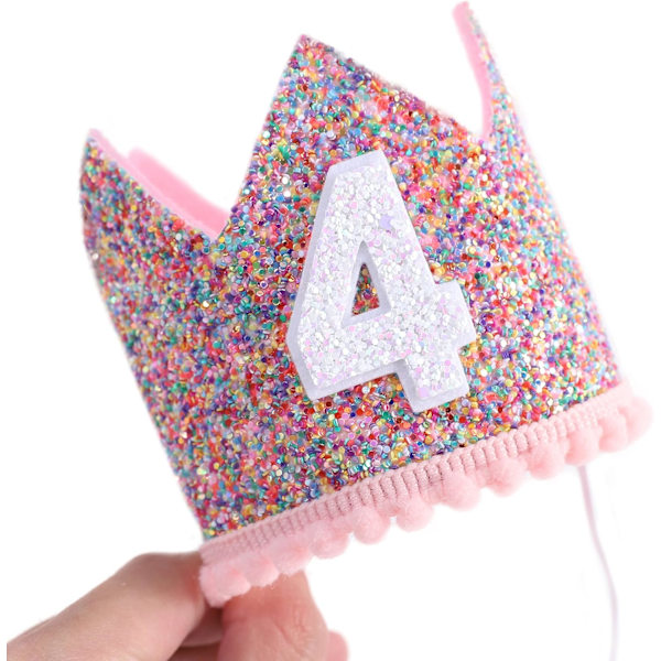Regnbuekrone - 4 års fødselsdagsfest Glitterkrone, Børnehatte, Babyfotorekvisitter, Kronedekoration, Lille Pigers Hårtilbehør