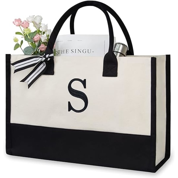 Personlig Initial Canvas Strandtaske, Monogrammet Gave Tote Taske til Kvinder, S