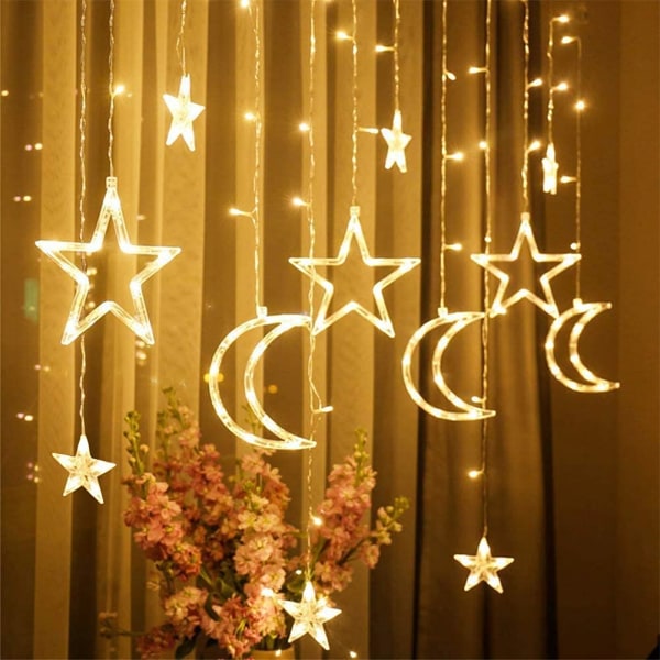 LED String Fairy Lights, Stars and Moon Window Curtain Lights Batteridrevet, 3,5m/11,5ft LED Julefest Have Hjem Fødselsdag, Varm hvid