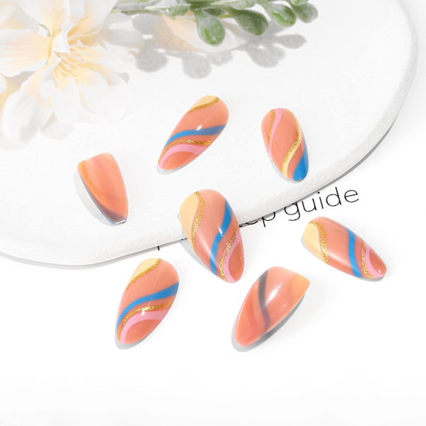 Swirl Almond Falske Negl Wave Line Stiletto Limtatt Negl Abstrakt Rosa Falske Negl 24Pcs Akryl Kunst Trykk på Negltips for Kvinner og Jenter