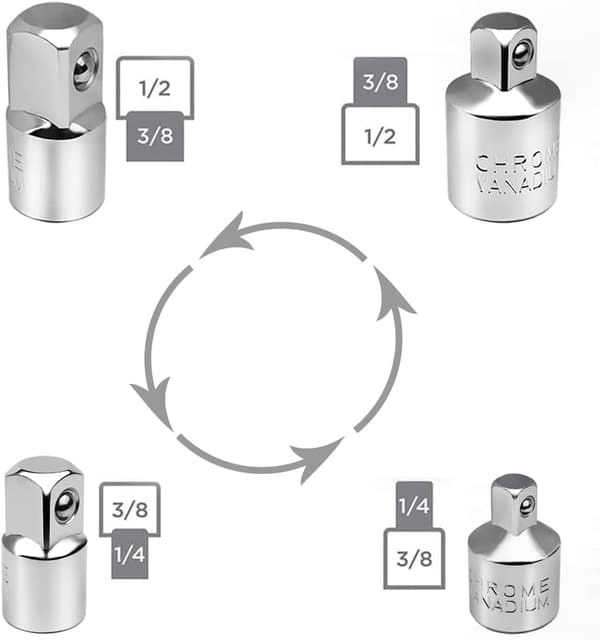 4 stk. Ratchet Adapter Adapter Sæt, Ratchet Socket Adapter 1/2\" til 3/8\", 3/8\" til 1/2\", 1/4\" til 3/8\", 3/8\" til 1/ 4\" Reducer Adaptere