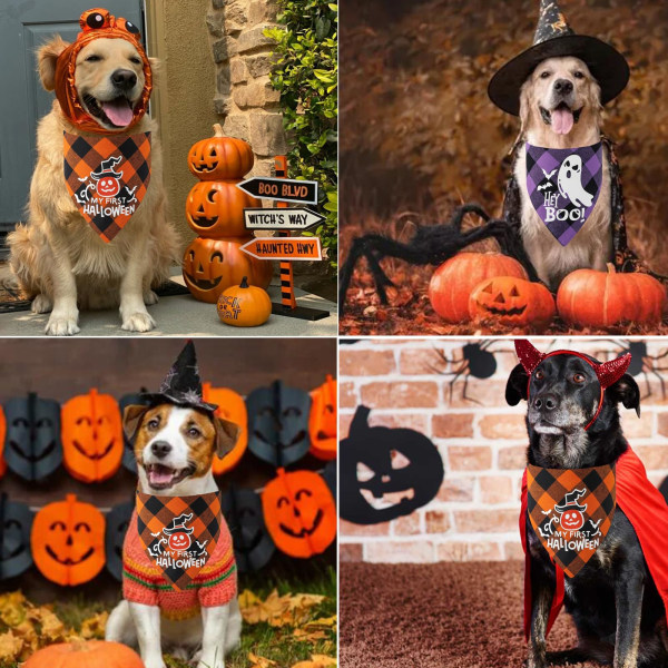 Halloween hundbandanas, 2-pack bomull reversibel lysande pumpa fladdermus tryck Halloween husdjur bandana, triangelrutig för små medelstora stora hundar husdjur