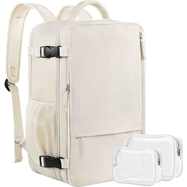 Resväska för kvinnor, expanderbar 40L handbagage godkänt ryggsäck, 17 tum bärbar vattentät resväska för college, resor, arbete, beige