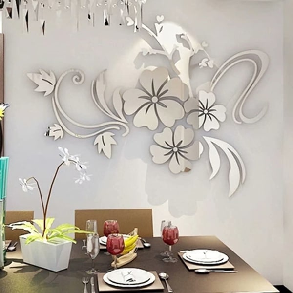 3D-seinätarra kukkia peili seinätarra kukkia tarra modernia taidetta seinäkoriste tarra olohuoneeseen eteiseen makuuhuone kodin sohvaseinä silver