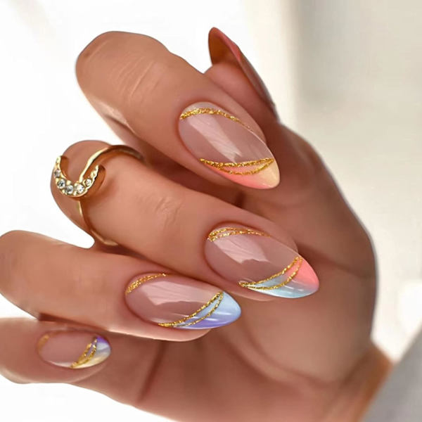Mandelformade Falska Naglar Korta, 24 st Svarta och Guldglitter Franska Falska Naglar, Ballerina Press-on Naglar med Nagellim, Sommar Färgglada Linjer