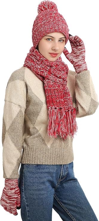 Dam vintermössa set, bobble mössa, pekskärmshandskar och halsduk med fransar red