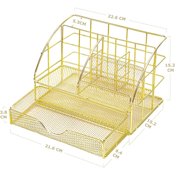 Guld skrivebordsarrangør med skuffe, kontorbords penneholder med 5 rum + 1 stor skuffe | The Mesh Collection Gold