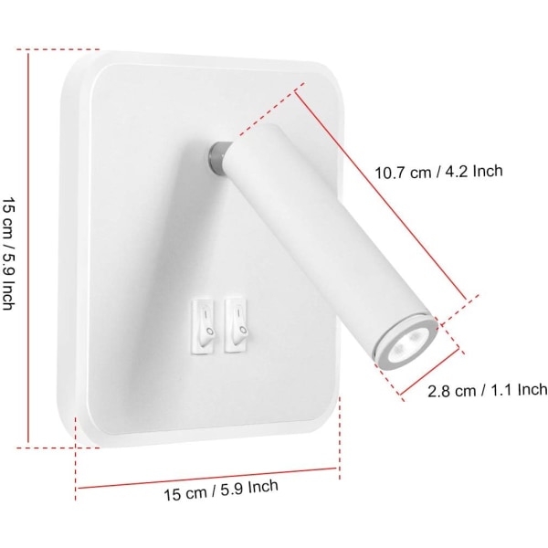 8W Moderne LED Væglampe Væg Læselampe med 350° Drejekontakt 3W Hvid 3000K White 3000K