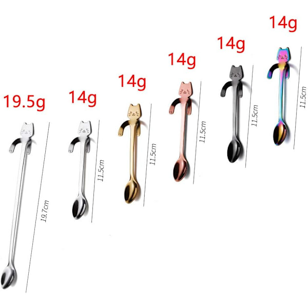 6 Pak Mini Katte Kaffe Skeer, 5 Skeer + 1 Lang Skaft Ske, Rustfrit Stål Hængende Kop Te Skeer Design Rør Ske til Te Dessert Drikkeblandning