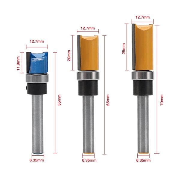 3 stk. Flush Trim Cutter med 6,35 mm skaft, Flush Trim Model Router Bits