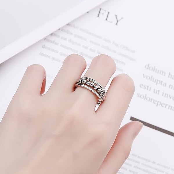Ångestdämpande ring, silverfärgad ring med snurrande pärlor, justerbar ring, silverpläterad stressavlastande present för ångestlindring, retro, massivt smycke