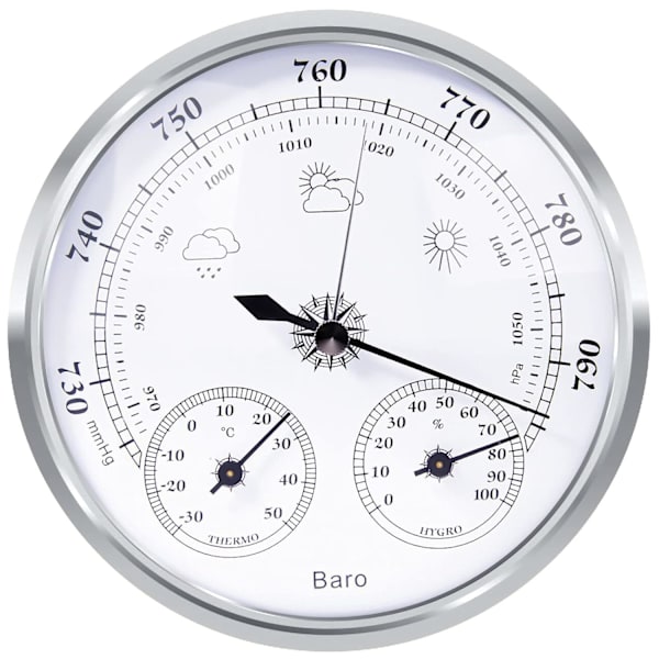 Analog værstasjon, barometer, termometer, hygrometer (Sølv, 128 mm) silver