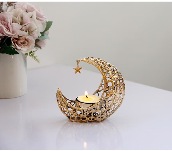 Metall lysestake, lysestake, telys, lysestake, telysholder, månelysstativ, halvmåne lysestake, Ramadan telys gold