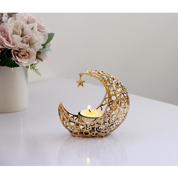 Metalljusstake, ljusstake, värmeljus, ljusstake, värmeljushållare, månljusstativ, halvmåne ljusstake, Ramadan värmeljus gold