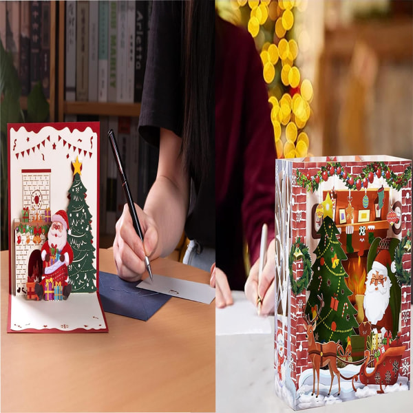 3D Pop Up set , 2 pakkaus, vintage joulupukki, joulukuusi, joululahja, sisältää kirjekuoren ja muistilapun