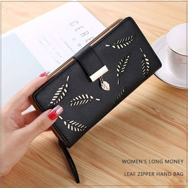 Lang læderpung, sød dame læderpung pung kvinder mode lang pung dame pung clutch holder etui blad vedhæng mønt lynlås lang pung