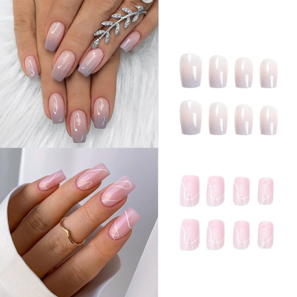 24PCS Almond False Nails Short,Press on Nails Soft Gel Nail Tips, French Square Short False Nails Full Cover Acrylic Stick on Nails