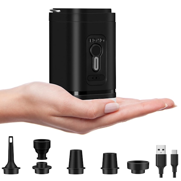 Oppblåsbar Elektrisk Luftpumpe med 5 Dyser, 2-i-1 Mini Oppblåsingspumpe og Tømmer, Bærbar med USB, 1200mAh Oppladbart Batteri.