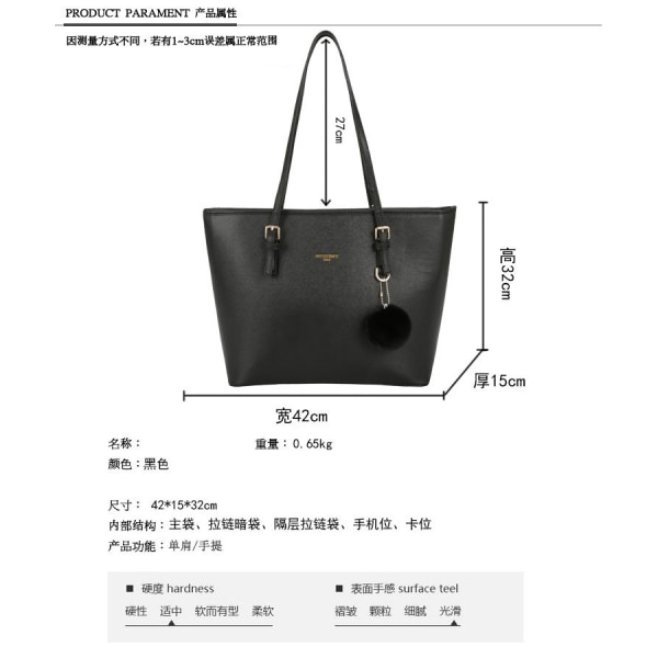 Women's Handbag Elegant Women's Handbag Shopper for School Handbag Black with Hairball