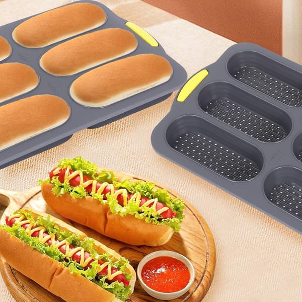 bageform til boller, 6 huller, franskbrødsform, non-stick baguetteform, perforeret bageform til bagning af brød, franskbrød (6-rums grå)