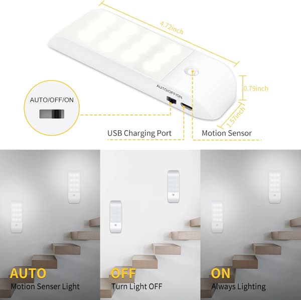 Automatisk lys, bærbar bevegelsessensorlys, 3-modus nattlys 12 LED USB oppladbart varmt lys