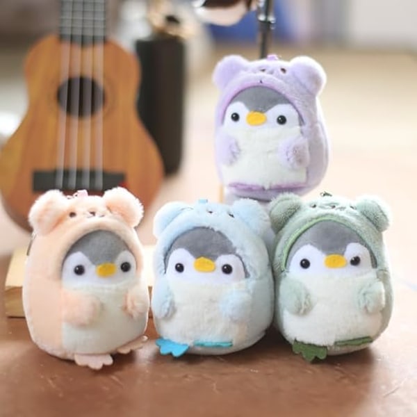 Super söt Kawaii klädd i kläder Cosplay mjuk plysch pingvin nyckelring pojkar flickor hänge metall nyckelring nyckelring, grön