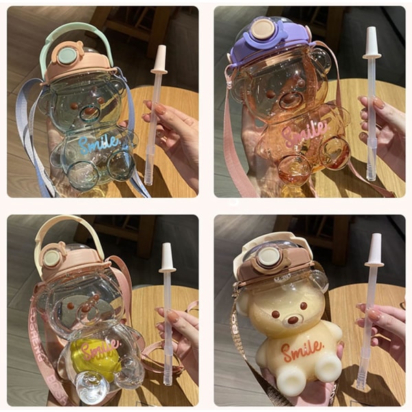 1000ml Stor Kawaii Björformad Vattenflaska med Sugrör och Rem, Söta Vattenflaskor för Drickflaska(rosa) Pink