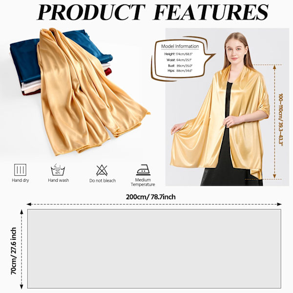 Silkeslen satin sjal wraps för kvinnor damer sjalar brudar brudtärnor Stole sjal för bröllop kväll fest flickor gåvor Elfenben Metallic Gold