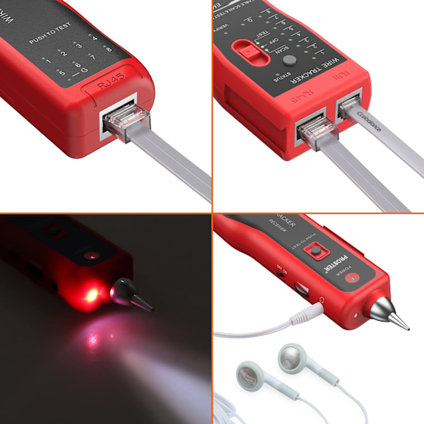 Elektrisk ledningstracker, RJ11 RJ45 locator, Ethernet LAN, Multifunktionel toner, Netværkskabelinterposer, Telefonlinjekontinuitetstester (Rød)