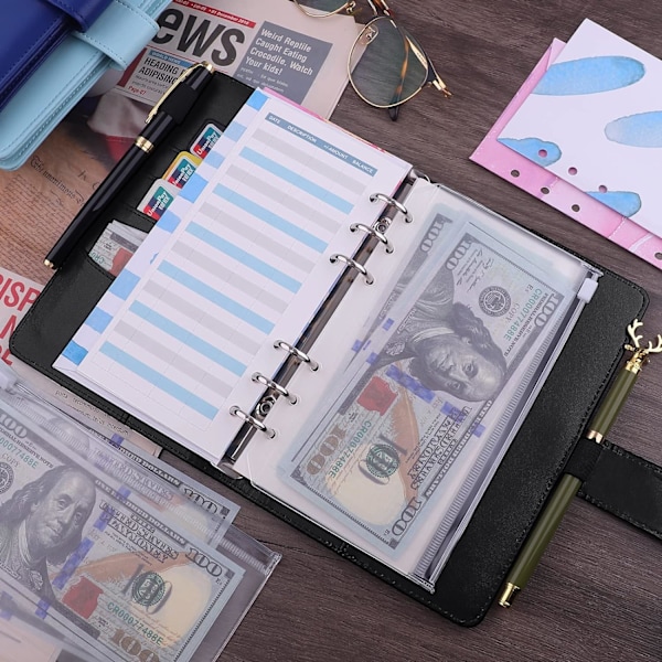 A6 PU Läder Notebook Binder Påfyllningsbar 6 Ring Binder, Lösblad Personlig Planner Binder Omslag med Magnetiskt Spänne Stängning, Svart